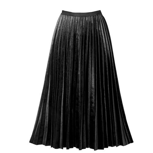 GOOBGS Women's Pleated A-Line High Waist Swing Flare Midi Skirt Velvet Black Large/X-Large - Image 1