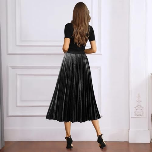 GOOBGS Women's Pleated A-Line High Waist Swing Flare Midi Skirt Velvet Black Large/X-Large - Image 3