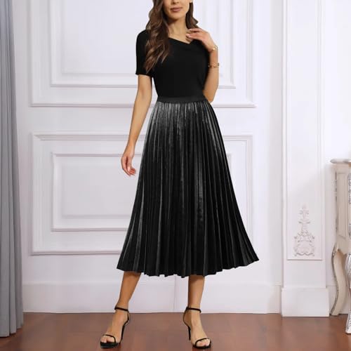 GOOBGS Women's Pleated A-Line High Waist Swing Flare Midi Skirt Velvet Black Large/X-Large - Image 2