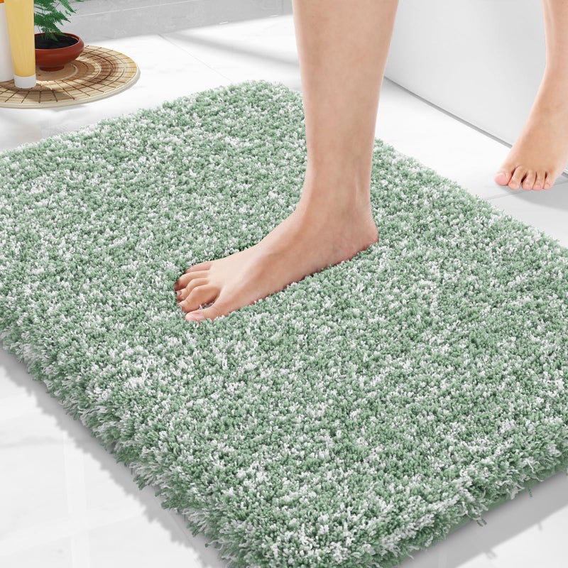 Yimobra Light Green and White Bathroom Rugs Non Slip Washable 24x17 Ultra Soft and Water Absorbent Bath Mats Plush Fluffy Shower Mat Outside Microfiber Thick Matts for Bathroom FloorSink