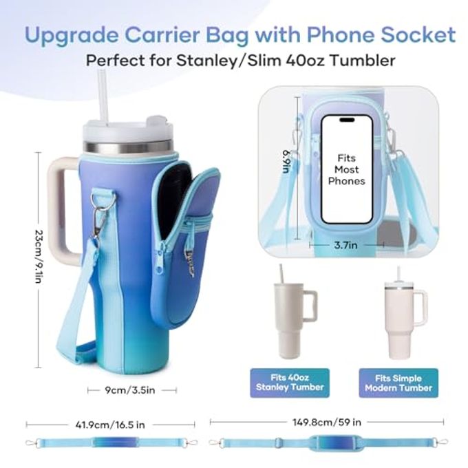 linmaya Water Bottle Carrier Bag for Stanley Cup 40/30oz with Phone Holder Pockets,Neoprene Water Bottle Cross-body Bag with Adjustable Shoulder & Hand Strap Stanley Cup Accessories - Image 3