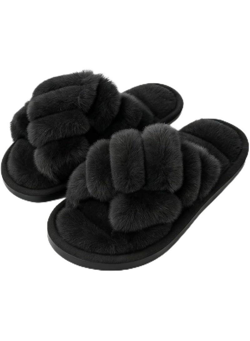 UKR Women’s Home Slippers Soft Breathable Furry Open-Toe Cozy Indoor Footwear Stylish Fluffy EVA Sole (Black, EU Footwear Size System, Adult, Women, Numeric Range, Medium, 40, 41) - Image 1