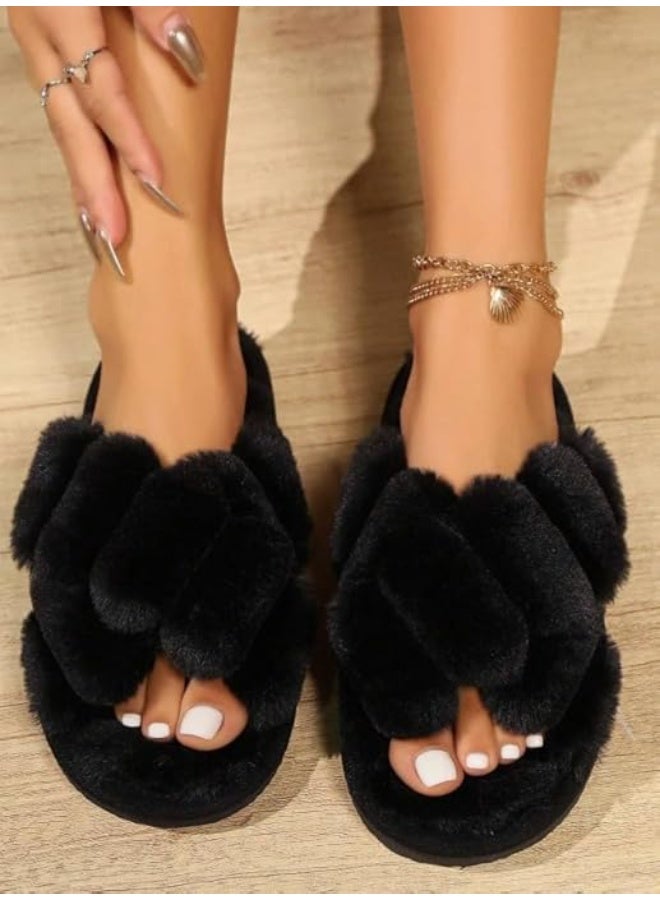 UKR Women’s Home Slippers Soft Breathable Furry Open-Toe Cozy Indoor Footwear Stylish Fluffy EVA Sole (Black, EU Footwear Size System, Adult, Women, Numeric Range, Medium, 40, 41) - Image 3