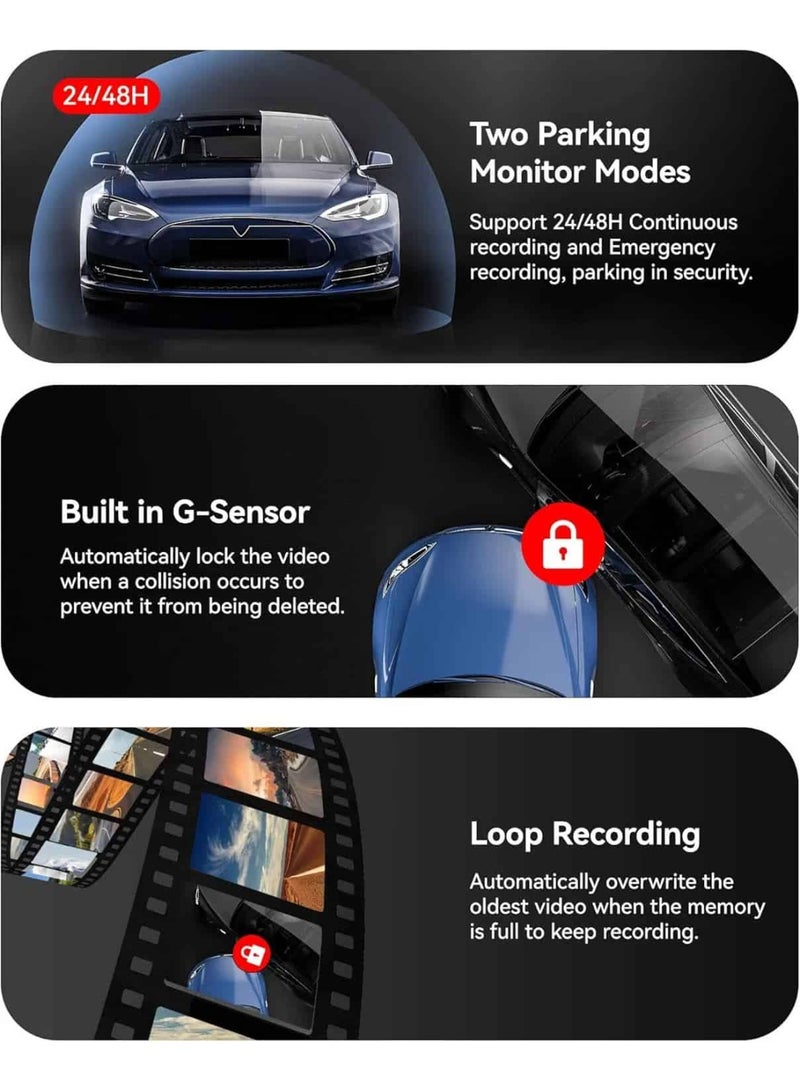 أديلي كاميرا سيارة بدقة 2K QHD بزاوية واسعة 170 درجة وشاشة لمس IPS مقاس 10.99 بوصة، تسجيل متواصل بدون فواصل، تدعم العربية والإنجليزية، بصيغة AVI/JPG - Image 4