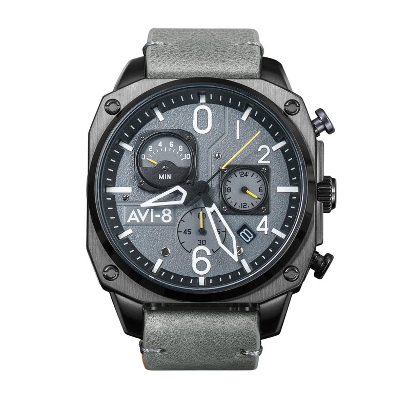 AVI-8 AVI8 Mens 45mm Hawker Hunter Retrograde Chronograph Sea Gray Watch with Leather Strap AV405203 - Image 2