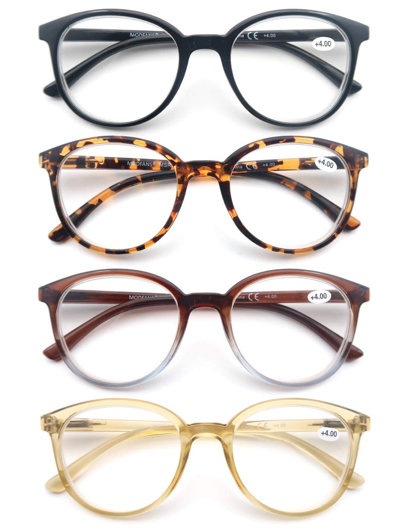 MODFANS Women Reading Glasses 4Pack Large Round Frame Readers Spring Hinges with 4 Pouch