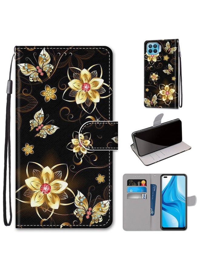 HuHa Case Cover For OPPO F17 Pro / A93 4G / Reno4 Lite / Reno4 F Coloured Drawing Cross Texture Horizontal Flip PU Leather Case with Holder & Card Slots & Wallet & Lanyard Gold Diamond Butterfly 