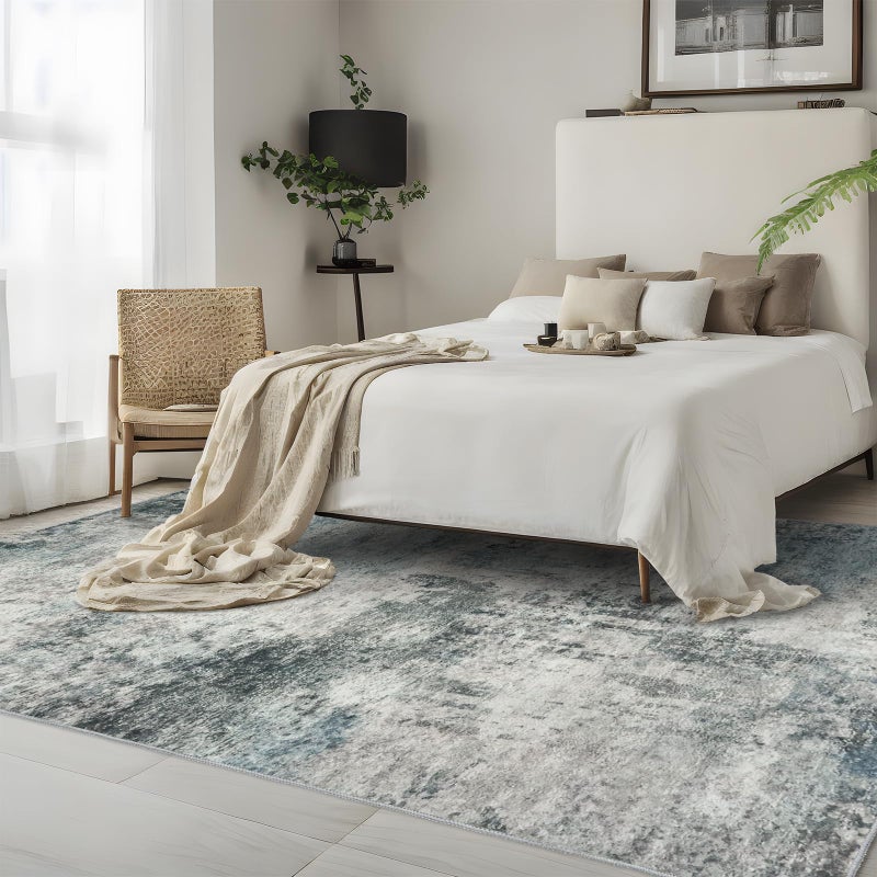 RUUGME Washable Abstract Area Rug 3x5 - Rugs for Living Room Large Non Slip Indoor Entryway Rubber Backing Carpet Bedroom Kitchen Distressed Stain Resistant Floor Decor Mat Machine Washable 3x5 Blue - Image 1