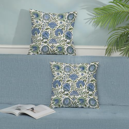 DAFENA Boho Navy Blue Pillow Covers 20x20 Inch 2 Pcs Sage Green Vintage Floral Decor Throw Pillows Spring Flower Summer Outdoor Farmhouse Decoration Pillowcase Cushion Cover for Couch Sofa Bed - Image 3
