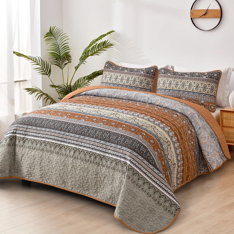 WONGS BEDDING Boho Queen Quilt Set, Brown and Grey Bohemian Quilt Bedding Set, Fall Lightweight Bed Decor Bedspread for All Season Reversible Microfiber Coverlet Bedding Set 96"x90"(3 Pieces) - Image 2