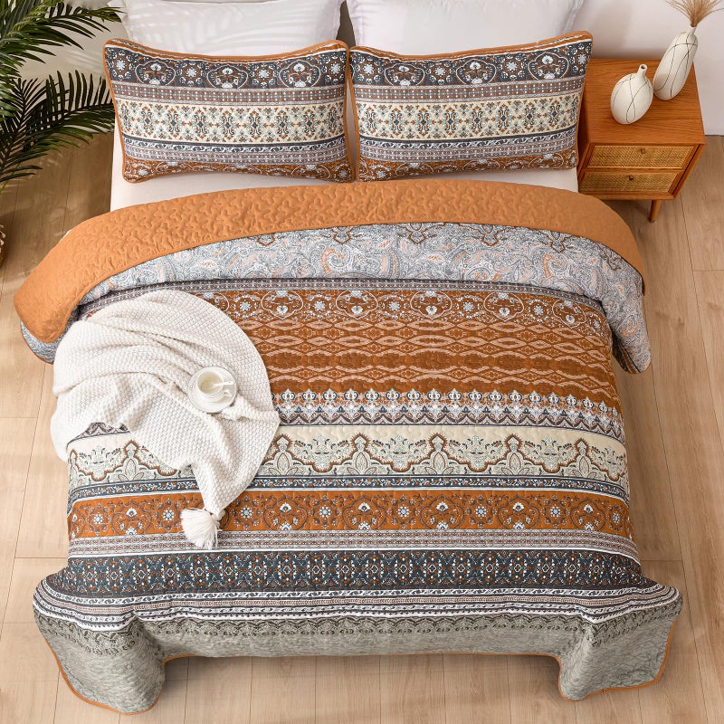 WONGS BEDDING Boho Queen Quilt Set, Brown and Grey Bohemian Quilt Bedding Set, Fall Lightweight Bed Decor Bedspread for All Season Reversible Microfiber Coverlet Bedding Set 96"x90"(3 Pieces) - Image 3