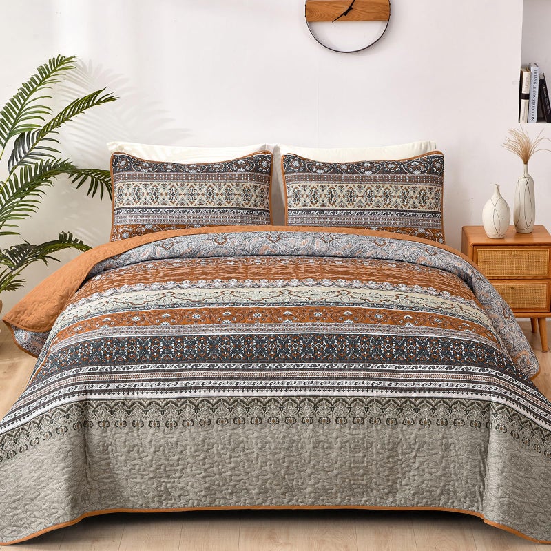 WONGS BEDDING Boho Queen Quilt Set, Brown and Grey Bohemian Quilt Bedding Set, Fall Lightweight Bed Decor Bedspread for All Season Reversible Microfiber Coverlet Bedding Set 96"x90"(3 Pieces) - Image 1