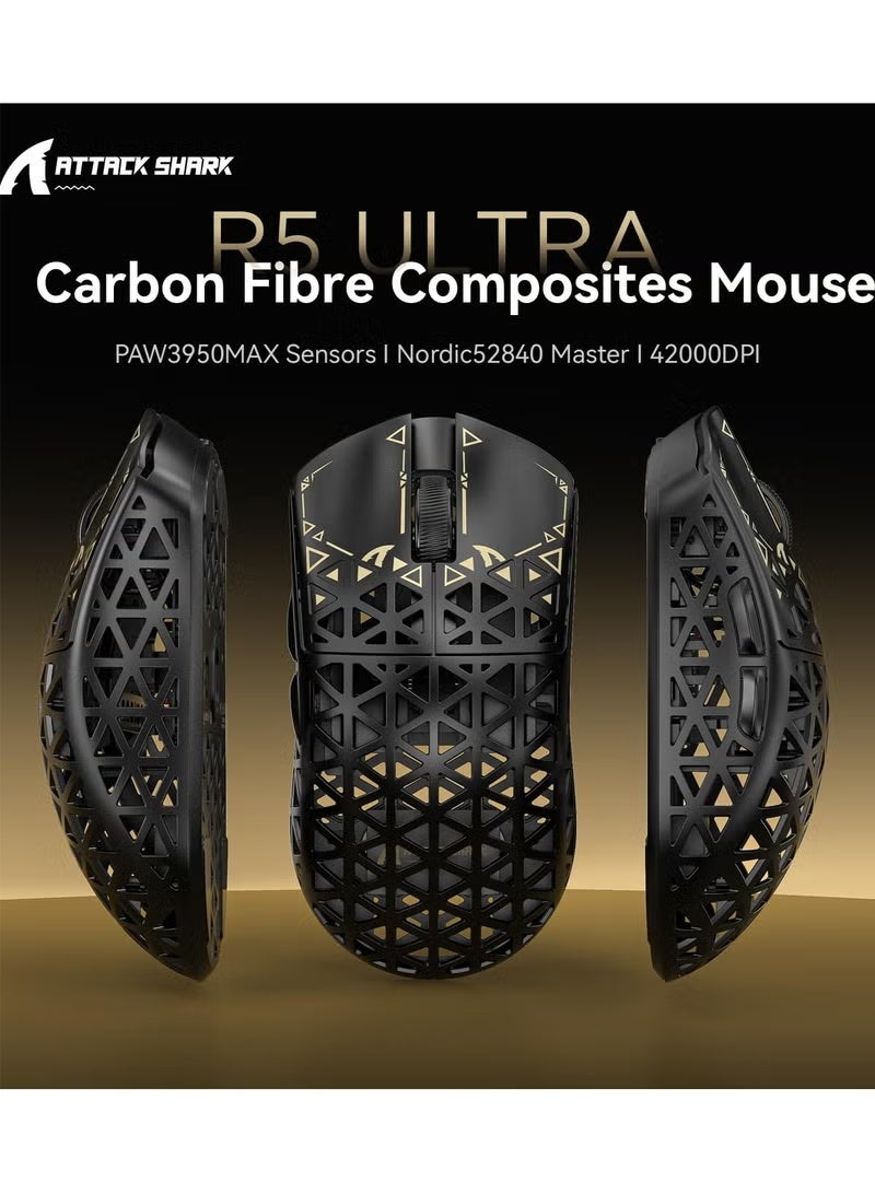 هجوم القرش ماوس ألعاب لاسلكي R5Ultra 8K من ألياف الكربون بدقة 42000 نقطة في البوصة - مستشعر PAW3950 MAX - وزن خفيف للغاية 39 جرام - Nordic52840 - ماوس سلكي/بلوتوث/لاسلكي قابل للبرمجة بتردد 2.4 جيجاهرتز لأجهزة الكمبيوتر الشخصية/أجهزة ماك - Image 3