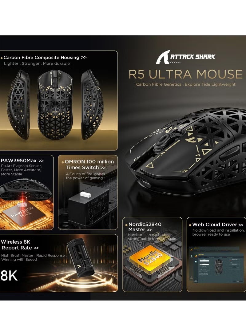 هجوم القرش ماوس ألعاب لاسلكي R5Ultra 8K من ألياف الكربون بدقة 42000 نقطة في البوصة - مستشعر PAW3950 MAX - وزن خفيف للغاية 39 جرام - Nordic52840 - ماوس سلكي/بلوتوث/لاسلكي قابل للبرمجة بتردد 2.4 جيجاهرتز لأجهزة الكمبيوتر الشخصية/أجهزة ماك - Image 4
