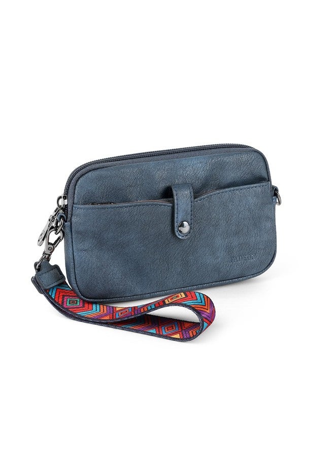 FADEON Slim Wristlet Wallets for Women, Designer Leather RFID Wallet with 3 Zipper Purse for Travel, Dark Blue Retro Style - Image 1