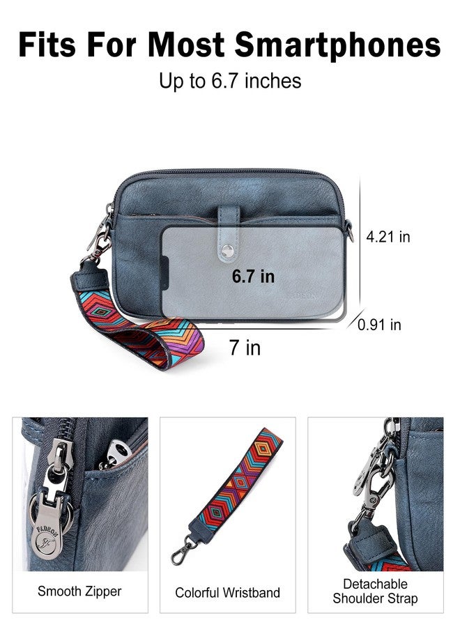 FADEON Slim Wristlet Wallets for Women, Designer Leather RFID Wallet with 3 Zipper Purse for Travel, Dark Blue Retro Style - Image 4