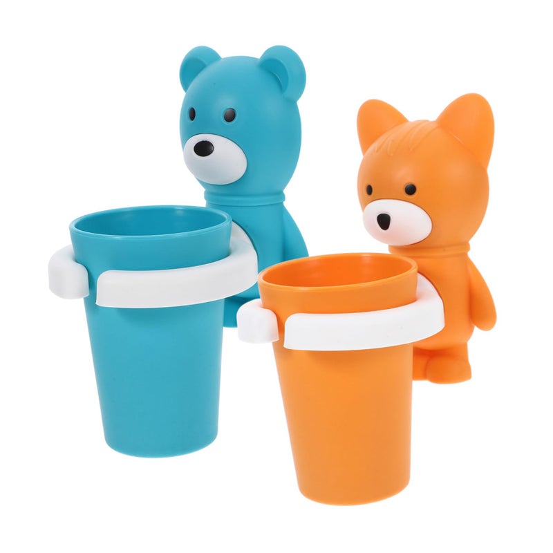 Cartoon Toothbrush Cup Holder Set Wall Mounted No Drill Includes 2 Cups Blue - Image 2