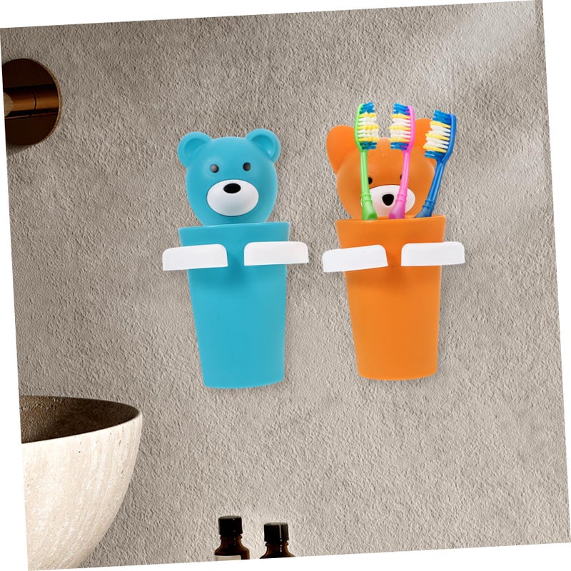 Cartoon Toothbrush Cup Holder Set Wall Mounted No Drill Includes 2 Cups Blue - Image 5