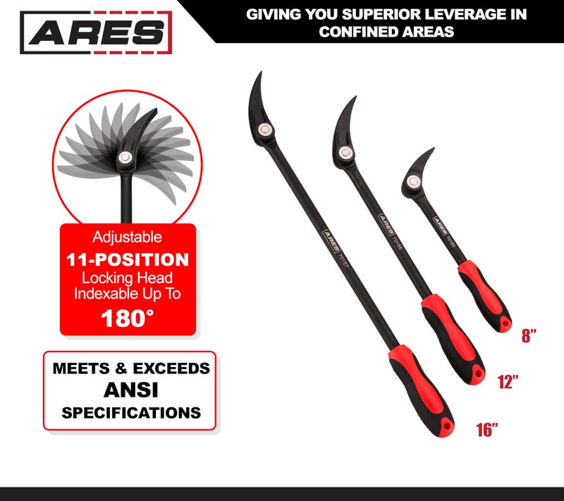 ARES 70184-3-Piece Indexable Pry Bar Set - 11-Position Adjustable Angle Pry Bars - High Strength Chrome Vanadium Steel - Includes 8-Inch, 12-Inch and 16-Inch Indexable Pry Bars - Image 2