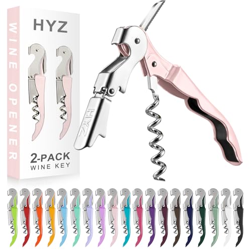 HYZ طقم من 2 فتاحة نبيذ، مفتاح نبيذ احترافي للخدم، نادل مع قاطع ورق، فتاحة زجاجات نبيذ يدوية مزدوجة المفصل (وردي) - Image 1