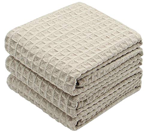 VeraSong Waffle Weave Absorbent Kitchen Dish Towels - Thick Microfiber 16Inch x 24Inch 3 Pack Khaki - Image 1