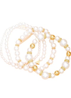 Huitich Elegant 4-Piece White Pearl & Gold Colour Beaded Bracelet Set  - Image 1