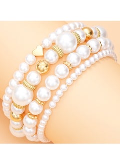 Huitich Elegant 4-Piece White Pearl & Gold Colour Beaded Bracelet Set  - Image 3