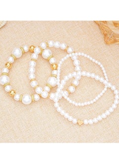 Huitich Elegant 4-Piece White Pearl & Gold Colour Beaded Bracelet Set  - Image 4