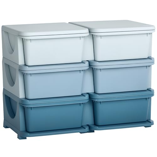 Qaba 3 Tier Kids Storage Unit Toy Organizers and Storage with 6 Drawer Chest for Kids Bedroom Nursery Kindergarten Living Room for Boys Girls Toddlers Blue - Image 1