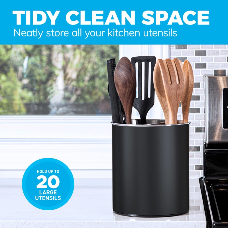 Cooler Kitchen Black Rotating Extra Large Stainless Steel Utensil Holder Caddy with Sturdy No-Tip Weighted Base, Removable Divider, and Gripped Insert - Dishwasher Safe Metal Cooking Utensil Holder - Image 5