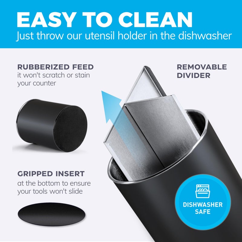 Cooler Kitchen Black Rotating Extra Large Stainless Steel Utensil Holder Caddy with Sturdy No-Tip Weighted Base, Removable Divider, and Gripped Insert - Dishwasher Safe Metal Cooking Utensil Holder - Image 3