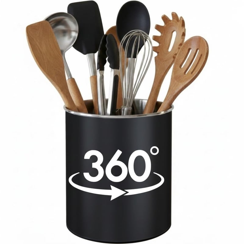 Cooler Kitchen Black Rotating Extra Large Stainless Steel Utensil Holder Caddy with Sturdy No-Tip Weighted Base, Removable Divider, and Gripped Insert - Dishwasher Safe Metal Cooking Utensil Holder - Image 1