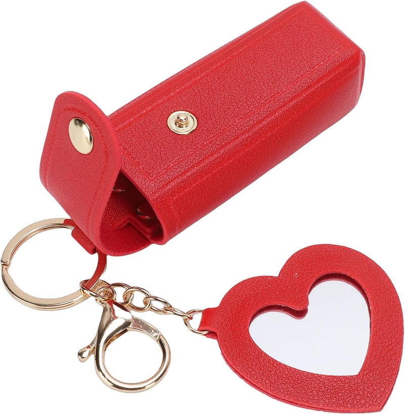 Walfront Lipstick Case with Mirror PU Leather Portable Holder Keychain for Women Travel Small Gifts (Red) - Image 3