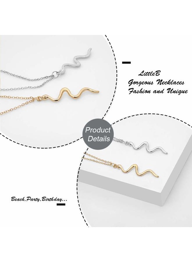 LittleB Minimal Necklaces Serpentine Pendant Necklace Short Fashion Necklace Chain Jewellery for Women and Girls (Gold) - Image 3