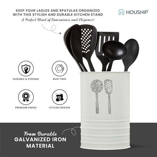HOUSHIP Spatula Organizer for Kitchen & Cutlery Holder for Kitchen Countertop – Spoon Stand Also Used as Ladle Holder | White - Image 4
