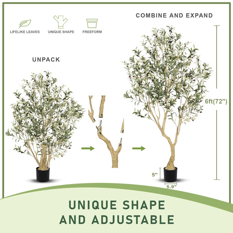 LYERSE Olive Tree 6ft - Olive Trees Artificial Indoor with Large Olive Branches and Lifelike Fruits - Faux Olive Tree for Modern Home Office House Living Room Decor - Image 3