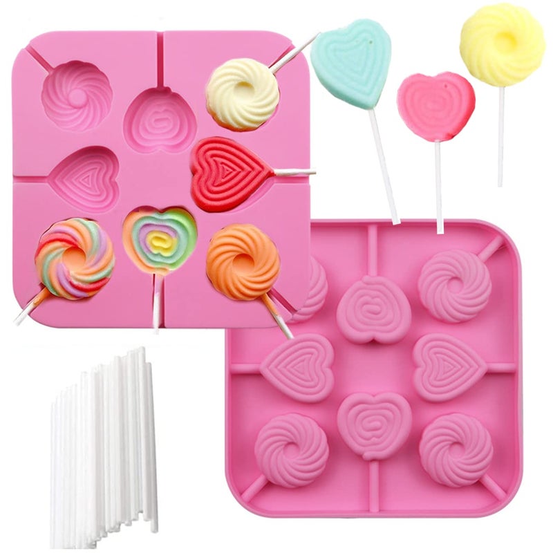 SOESS 2Pcs Love heart Lollipop Candy Molds 8Cavities Food Grade Heart Silicone Lollipop Molds Chocolate Hard Candy Molds including Heart Round with 40 Lollipop Sticks
