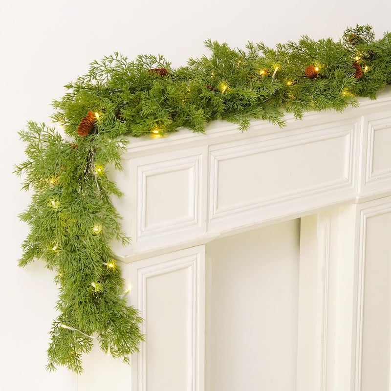 Christmas Norfolk Pine Garland 9Ft Real Touch Artificial Pine Greenery Christmas Garlands for Table Fireplace Wall Home Indoor Outdoor Decoration