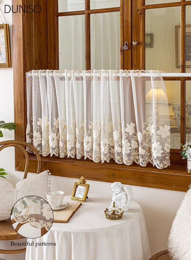 DUNISO Vintage Floral Embroidered Lace Sheer Valance Curtain Rod Pocket Short Cafe Curtain with Scalloped Trim, Semi-Sheer Window Treatment for Kitchen, Bathroom, Living Room - Image 1