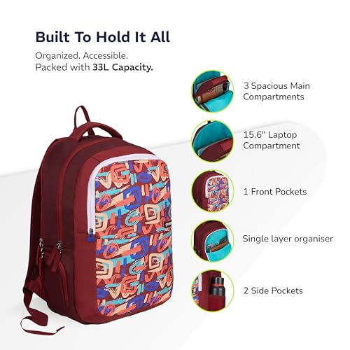 Provogue Vortex EasyGo Laptop Backpack 33L - School Bag for Girls & Boys with 3 large compartments | With Organiser, Bottle Holder & Laptop Compartment, Crimson Red - Image 3