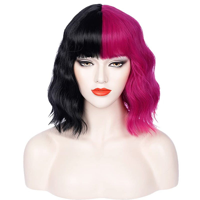 PATTNIUM Black Pink Wig Two Color Wig Short Curly Black Pink Wig With Bangs Half Black Pink Split Wig for Women Heat Resistant Synthetic Hair Cosplay Party Wig Black and Hot Pink