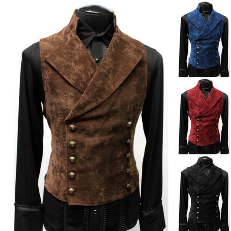 2025 Autumn and Winter Men's Cross-Border Wish Trendy Korean Suit Stand Collar Suede Double-Breasted Jacket Vest Vest Fashion - Image 1