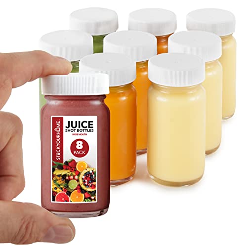 Stock Your Home Glass Shot Bottles with Caps (8 Pack) 2 Oz Juice, Wellness, or Ginger Shots Bottle - Leak Proof, Dishwasher Safe, Mini Jars with Plastic Lids - Reusable Small Juicing Containers - Image 1
