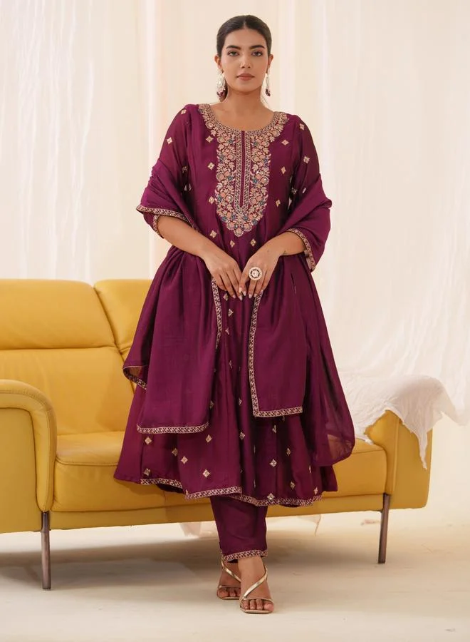 دي دبليو DW Floral Embroidered Kurta with Trousers and Dupatta Set