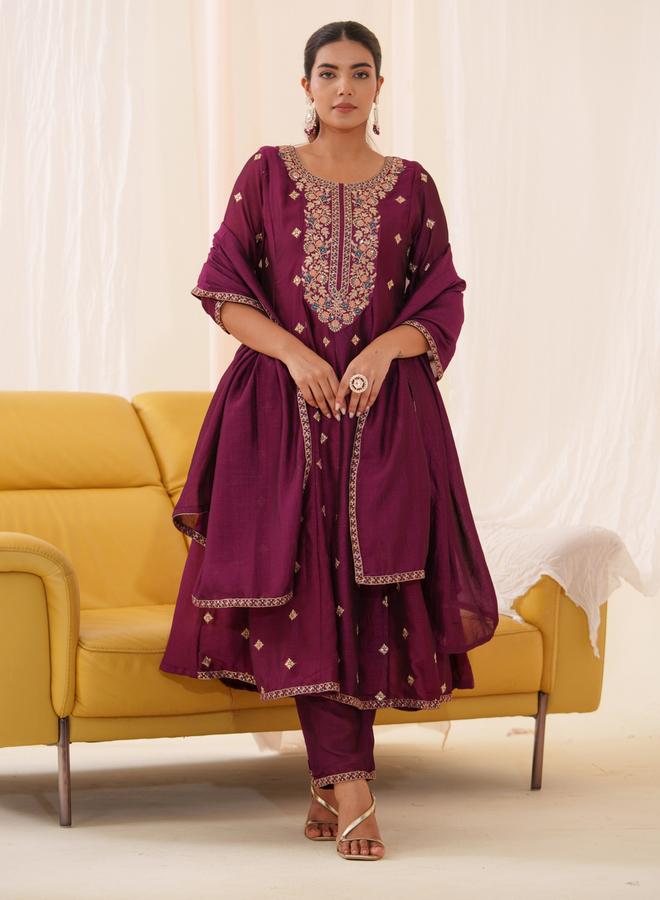 DW DW Floral Embroidered Kurta with Trousers and Dupatta Set  - Image 1