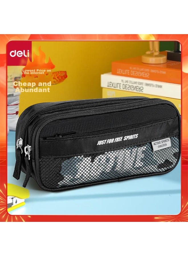 Deli Student Sports Pencil Case, Large Capacity Fashionable Kangaroo Pouch Stationery Box, Elementary School Student Stationery Storage Bag, Black - Image 1