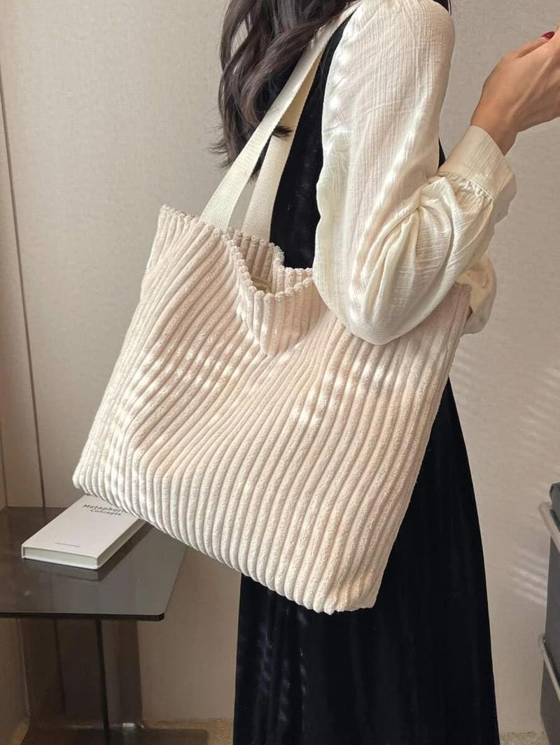 Kawn ® Korean Tote Bag Aesthetic Corduroy Canvas Handbag for Women Zipper Casual Large Capacity Shoulder Bag with Pockets Versatile Everyday use for College Work Travel & Shopping - Image 2