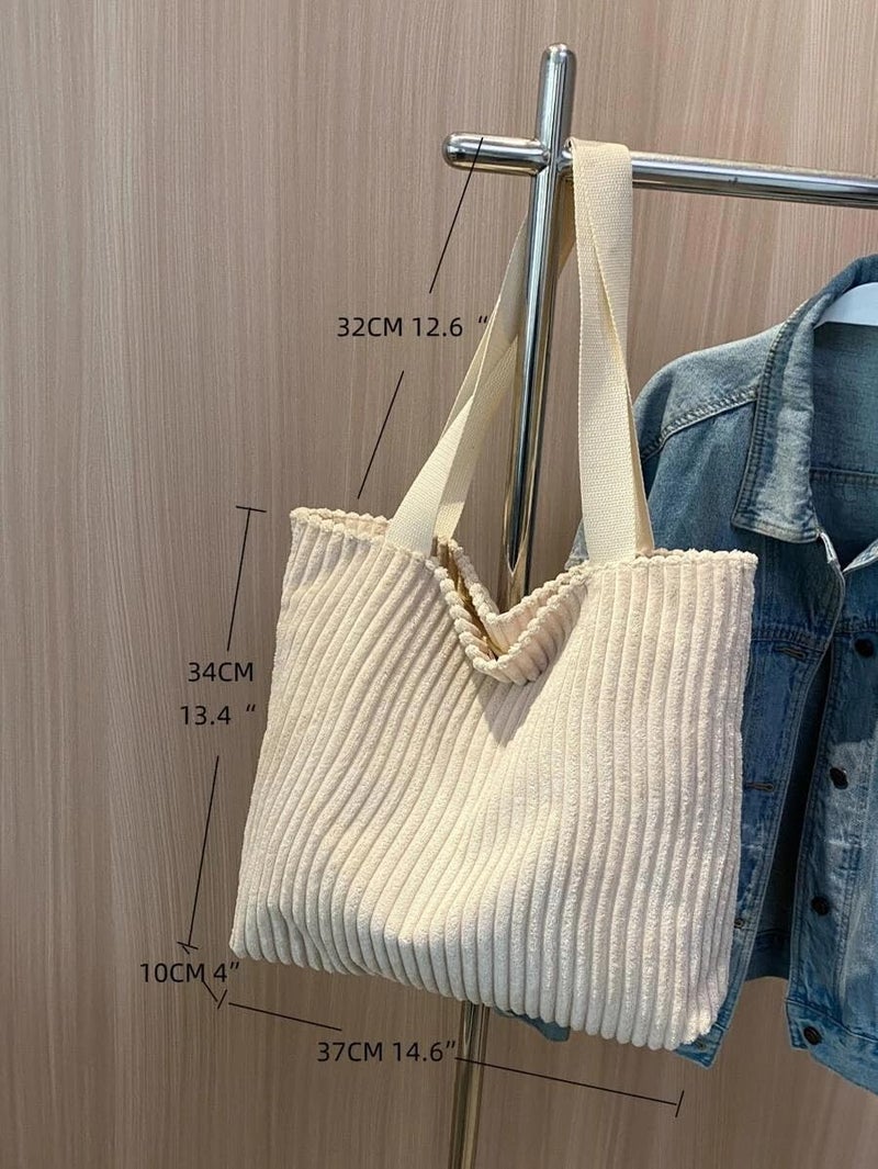 Kawn ® Korean Tote Bag Aesthetic Corduroy Canvas Handbag for Women Zipper Casual Large Capacity Shoulder Bag with Pockets Versatile Everyday use for College Work Travel & Shopping - Image 4