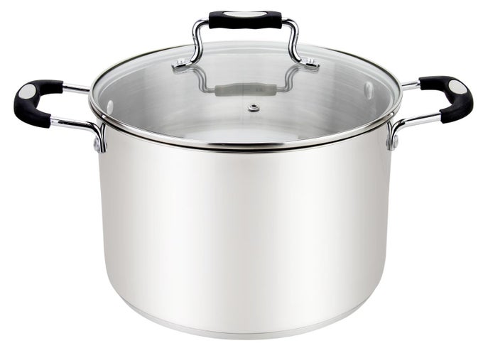 STOCK POT LARGE STAINLESS STEEL 125 QUART STOCKPOT LARGE COOKING POT CLEAR GLASS LID AND MEASUREMENT MARKINGS STEAM HOLE INDUCTION GAS ELECTRIC COMPATIBLE BIG BOILING POT