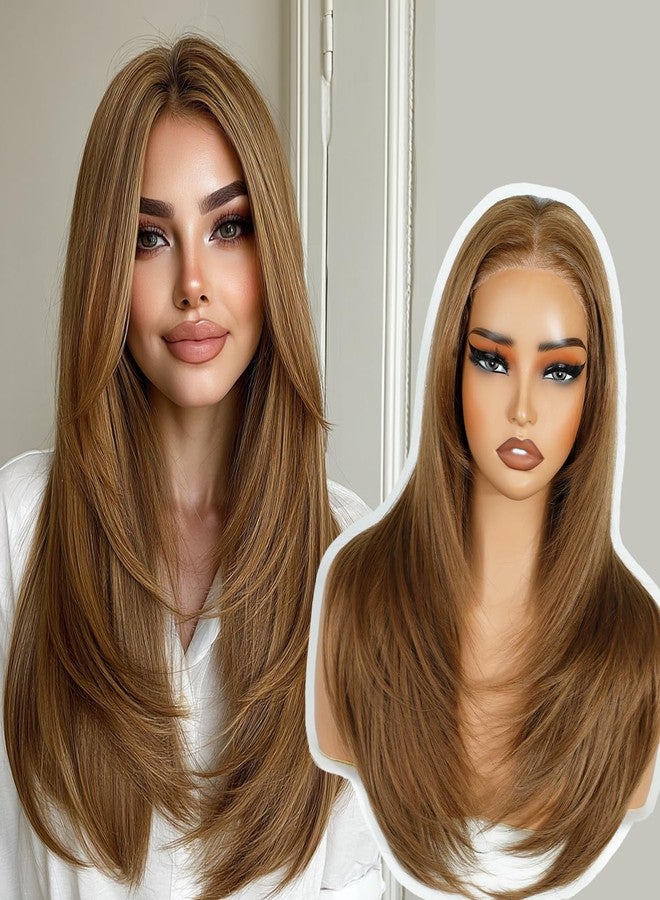Joedir 20" Straight Layered 13x3 Glueless HD Lacefrontal Wigs Pre Plucked Natural Hairline High Temperature Synthetic Wigs For Women(Dirty Blonde Color/Golden Blonde) - Image 1